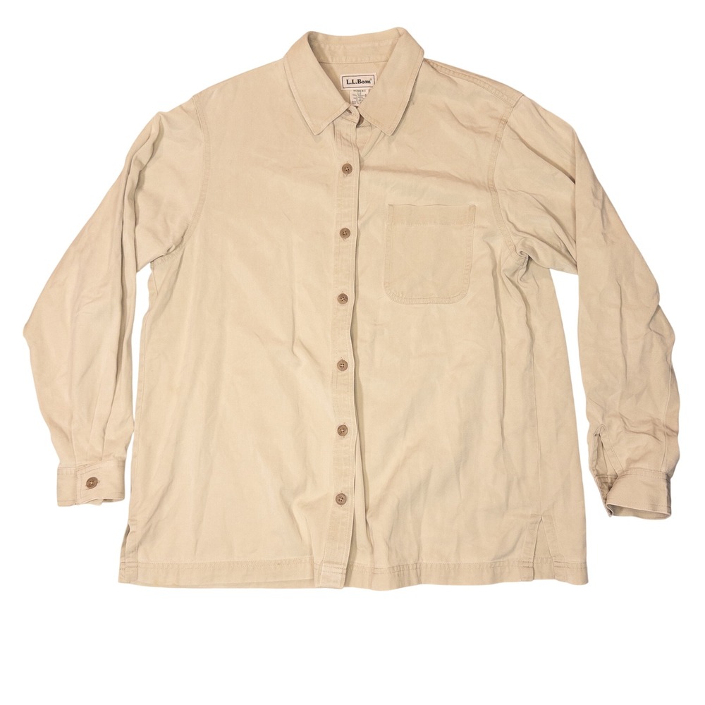 LL Bean Button Down Shirt Womens L Khaki Tan Tencel Cotton Twill Long Sleeve